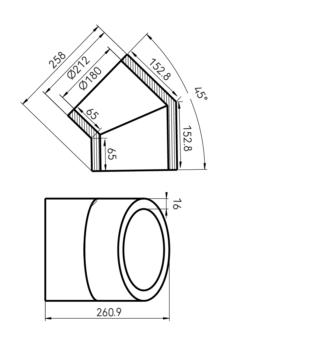 Dimensional Drawing - Aerfoam 45° bend 180