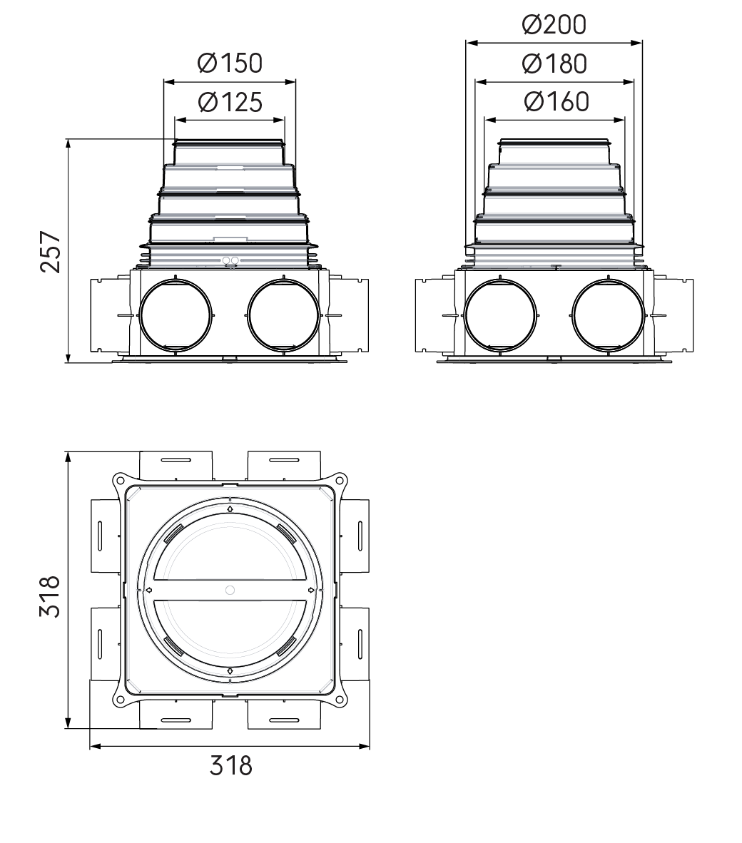 Dimensional drawing – DBOX 208 with stepped mass flow adaptor 125–200 mm