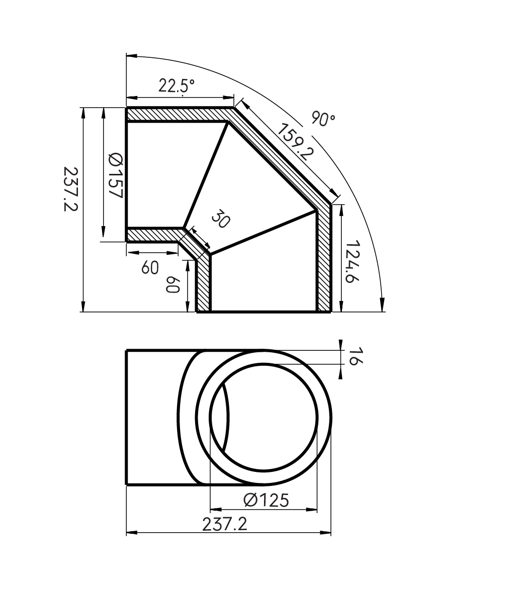 Dimensional Drawing - Aerfoam 90° bend 125
