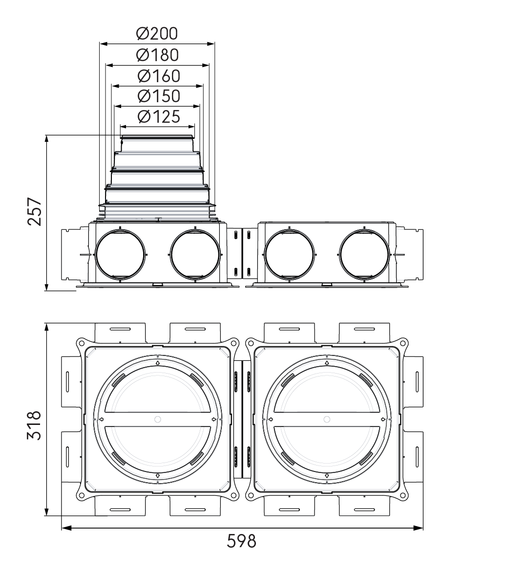 Dimensional drawing – DBOX 212 horizontal extended, with stepped mass flow adaptor 125–200 mm