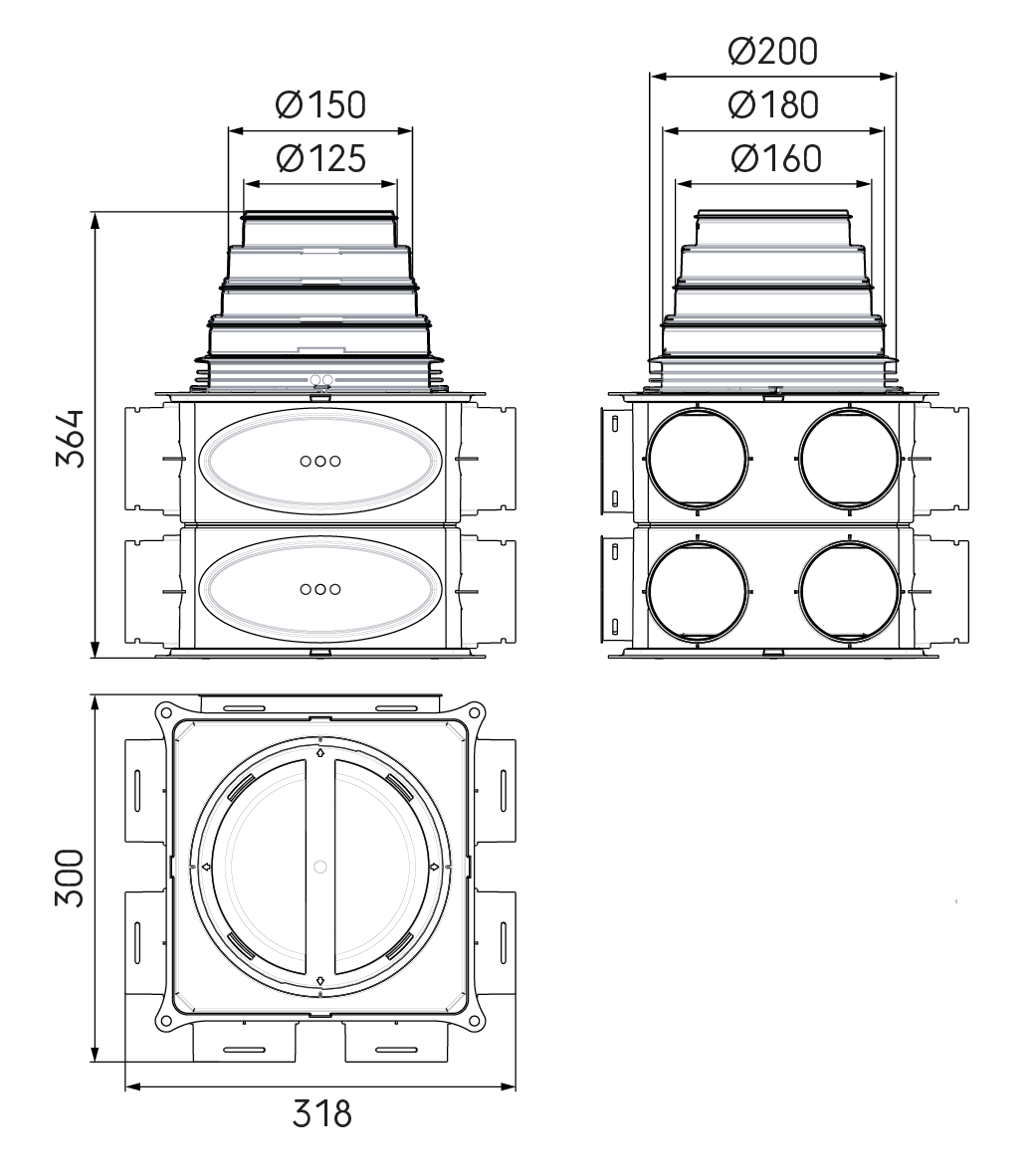 Dimensional drawing – DBOX 212 vertical extended, with stepped mass flow adaptor 125–200 mm