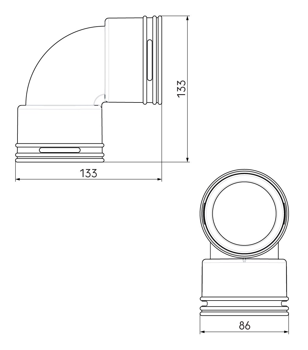 Dimensional drawing – AE34C Bend 90°