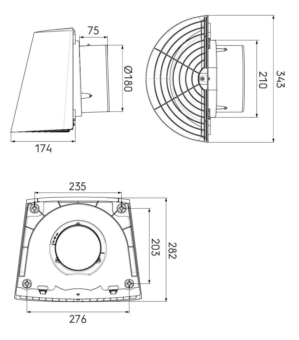 Dimensional drawing – Contego wall terminal 180mm PP grey/black
