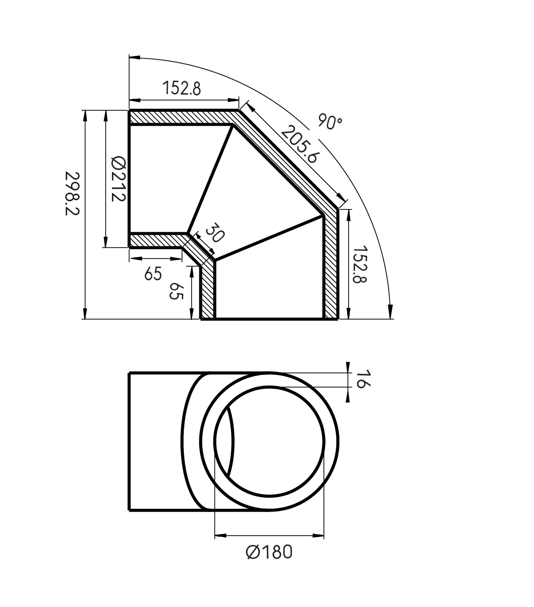 Dimensional Drawing - Aerfoam 90° bend 180