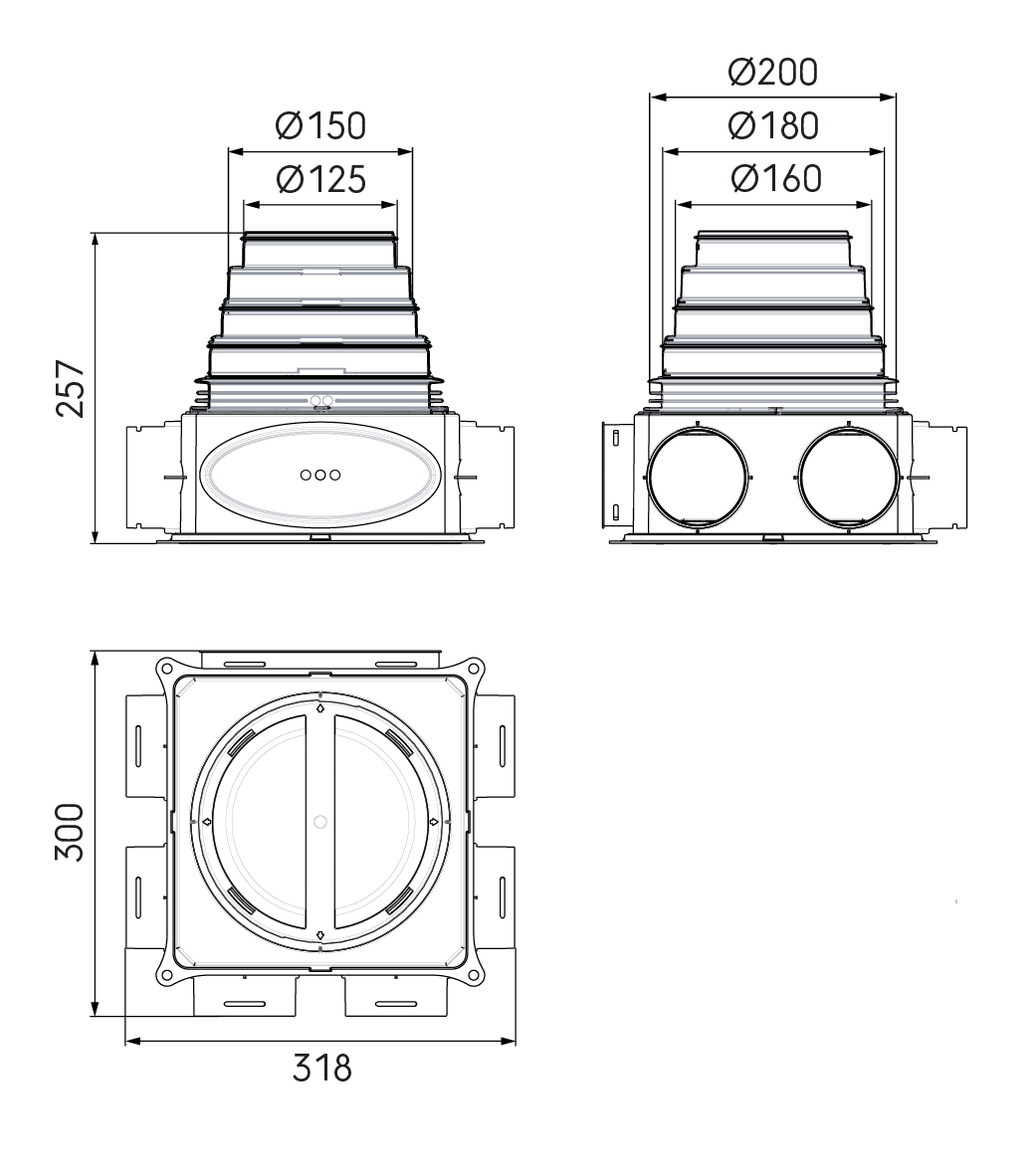 Dimensional drawing – DBOX 206 with stepped mass flow adaptor 125–200 mm