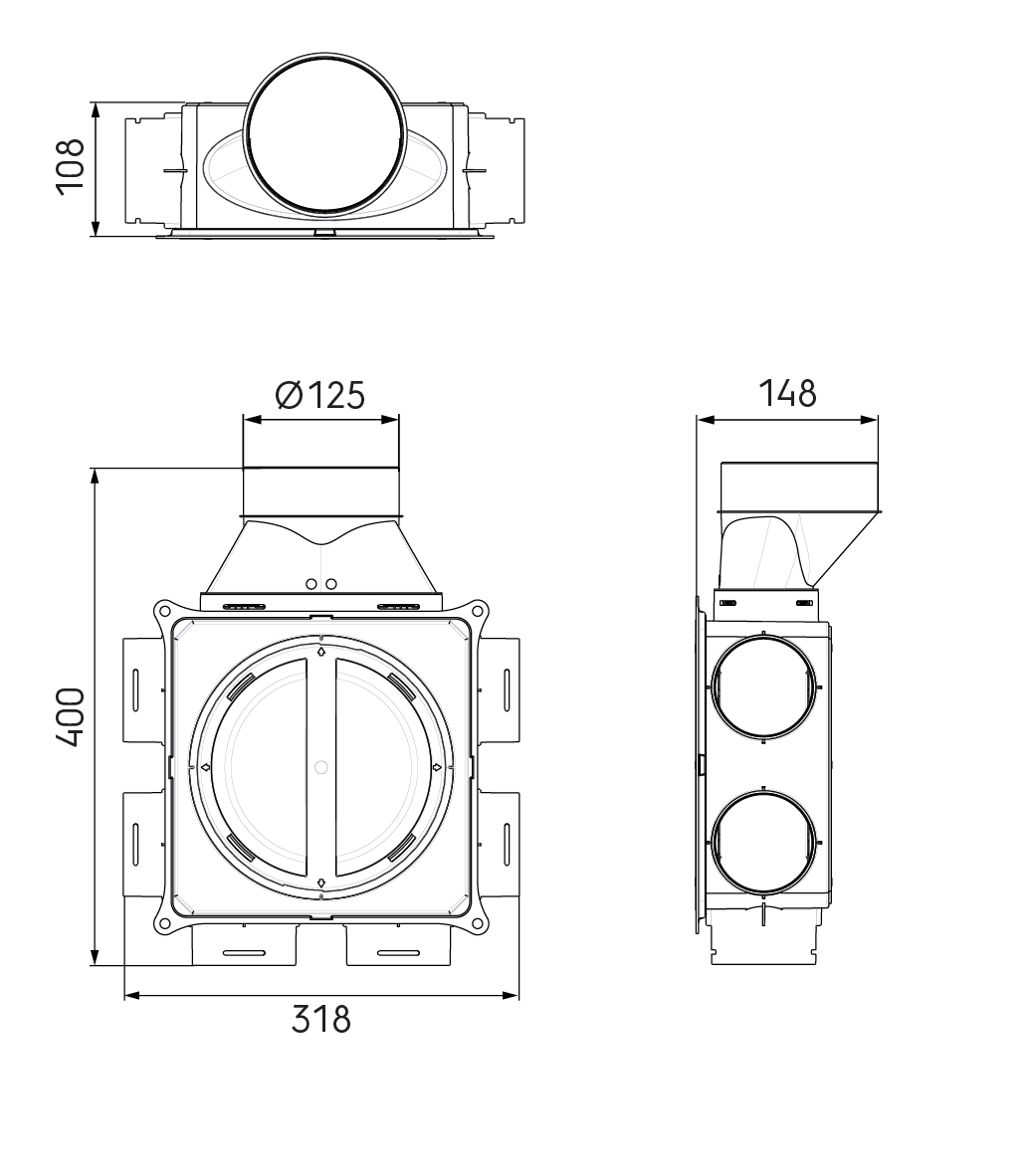 Dimensional drawing – DBOX 206 with 125mm mass flow adaptor
