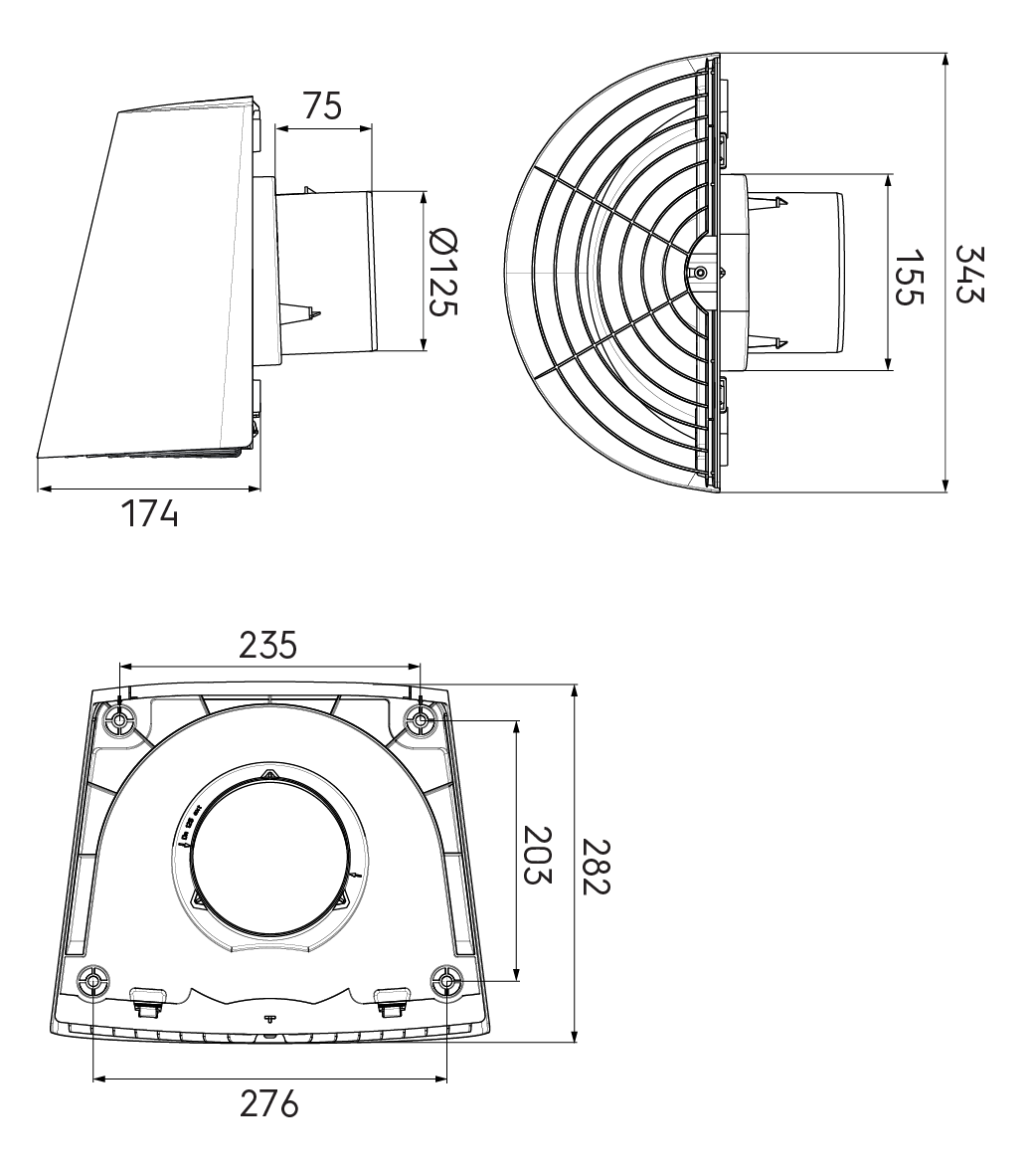 Dimensional drawing – Contego wall terminal 125mm PP grey/black